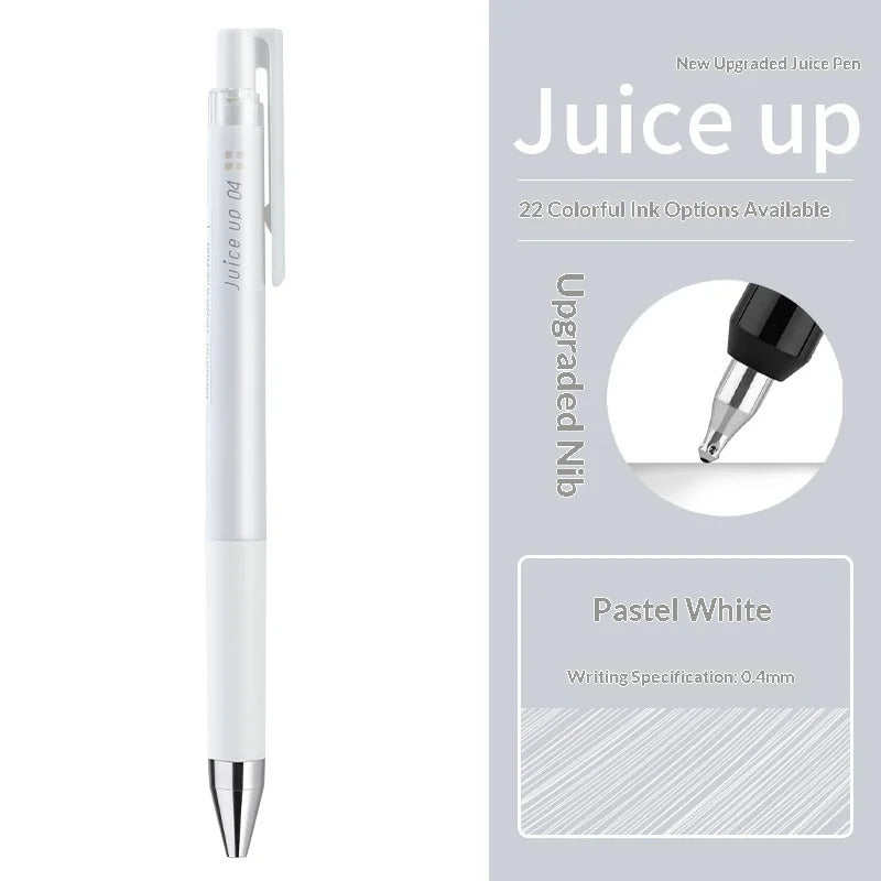 Weißer Pilot Juice Up Gelstift mit schwarzem Deckel und Schreibspezifikationen