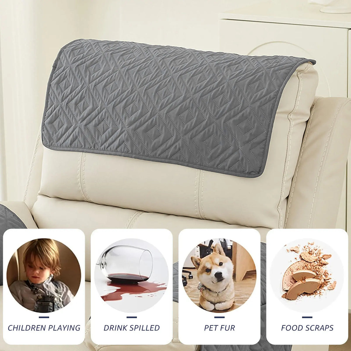 Set of three gray waterproof recliner headrest protector covers shown in use with various labels