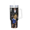 Insulated stainless steel tumbler with a straw lid featuring a collage of male actors.