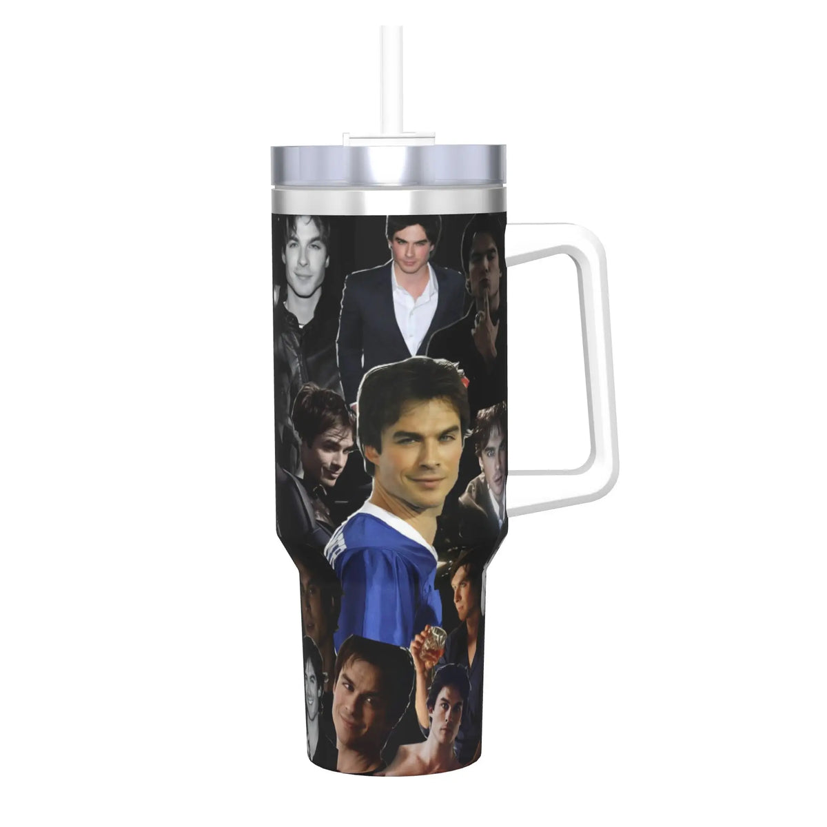 Insulated stainless steel tumbler with a straw lid featuring a collage of male actors.