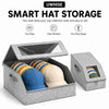 A silver hat storage box with a clear window and two-way zipper, showing organized caps inside.