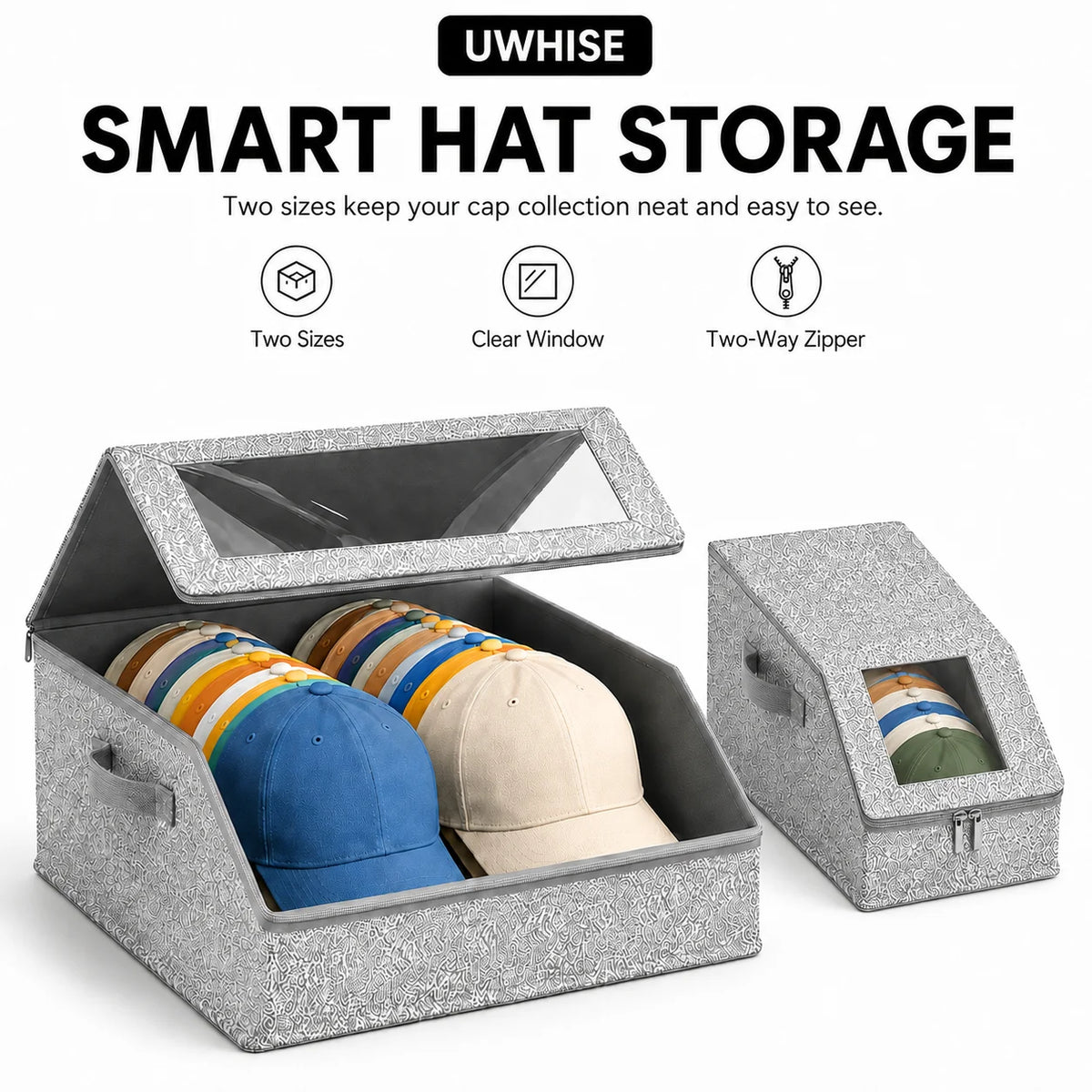 A silver hat storage box with a clear window and two-way zipper, showing organized caps inside.