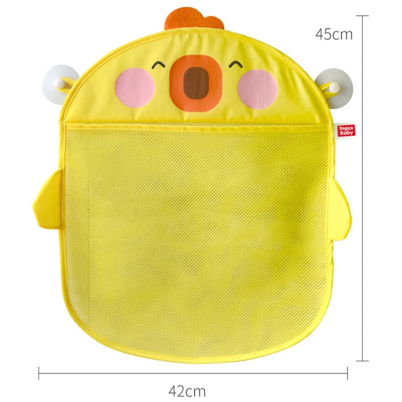 Yellow cartoon duck bath toy storage mesh bag with suction cups and orange features