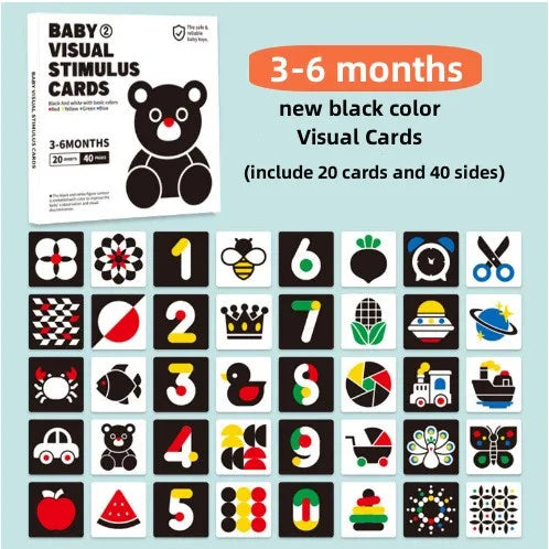 A set of black and white high-contrast baby visual stimulus cards for infants.