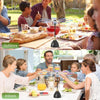 A portable quiet fly repellent fan is shown in both indoor and outdoor settings being used for table insects.