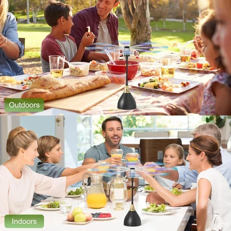 A portable quiet fly repellent fan is shown in both indoor and outdoor settings being used for table insects.