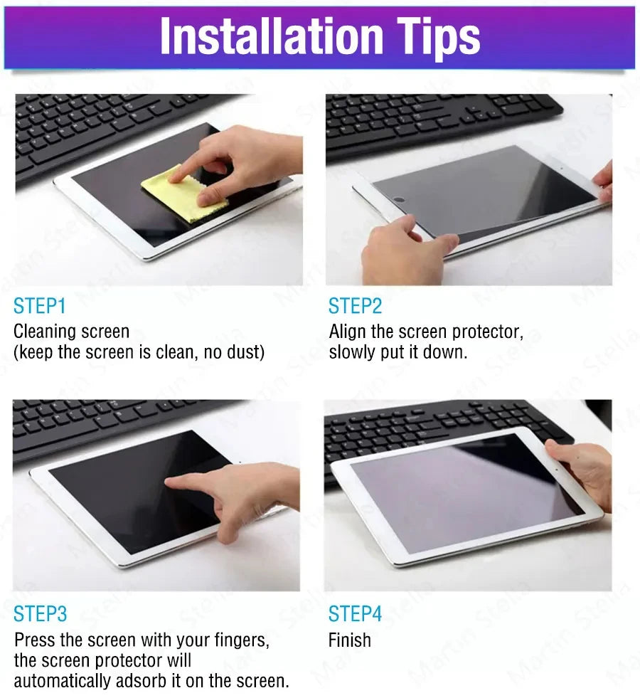 Installation tips showing how to apply a tempered glass screen protector onto an iPad.