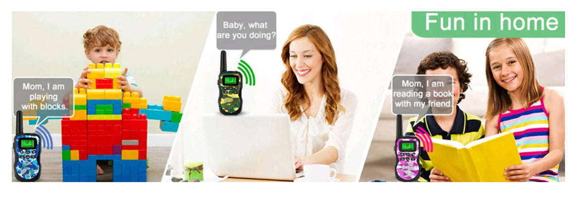 A mother and two children are playing with walkie talkies indoors, enjoying fun in home.