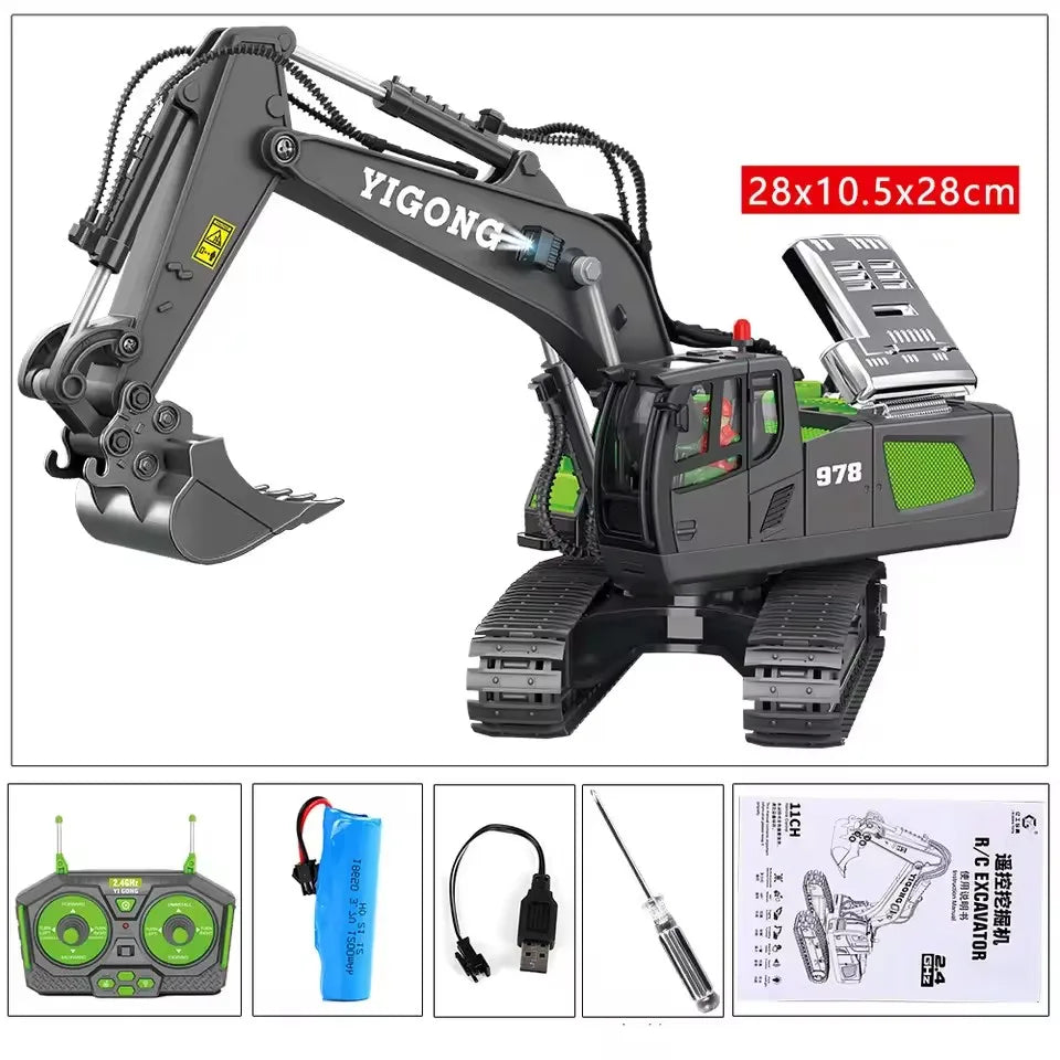 A remote controlled excavator toy set with a yellow and black body, hydraulic arm, and control transmitter.
