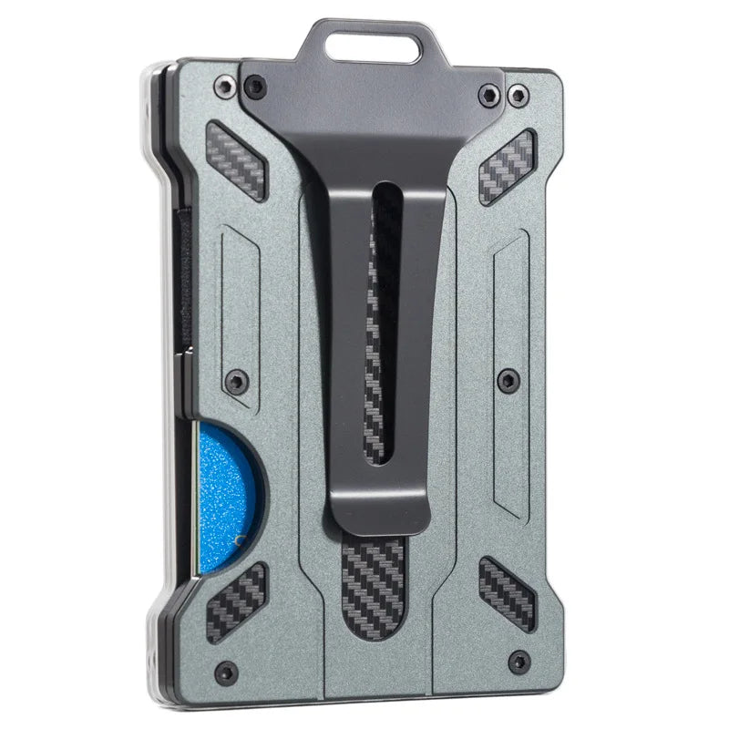 A gray aluminum money clip wallet with a black slide and textured grip on the exterior.
