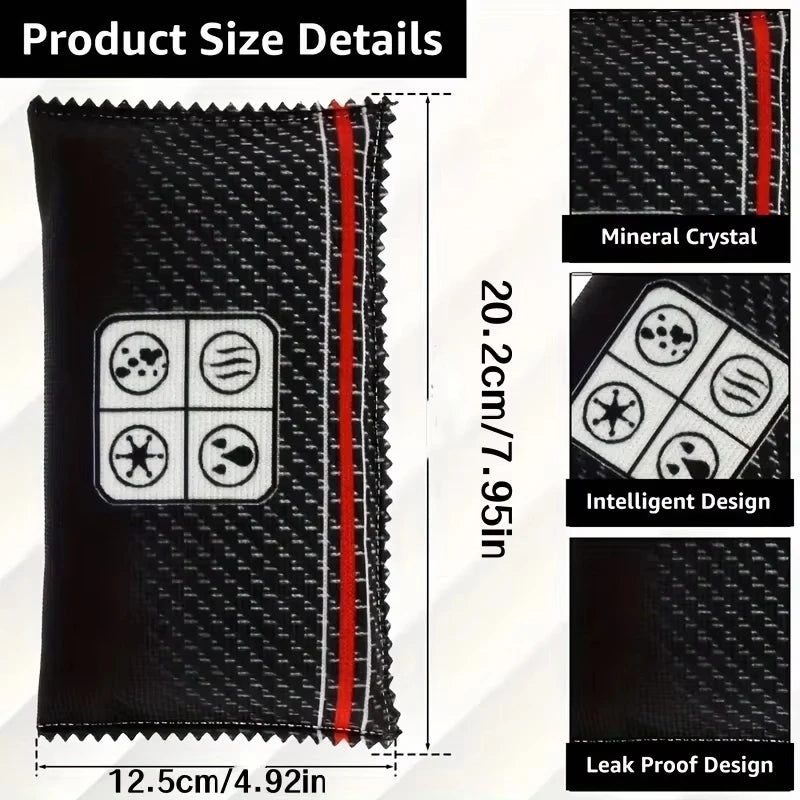 Black reusable bag for car dehumidifier featuring visual humidity indicators like mineral crystal, intelligent design, and le