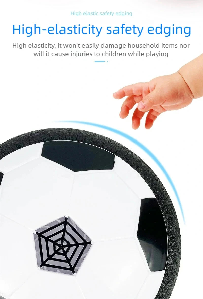 A close-up view of a white soccer ball with black safety edging, demonstrating high-elasticity safety edging.