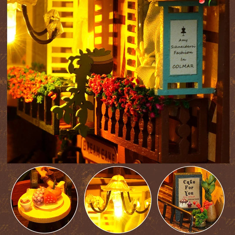 A DIY book nook kit featuring a miniature bookshelf room scene with potted plants and warm lighting.