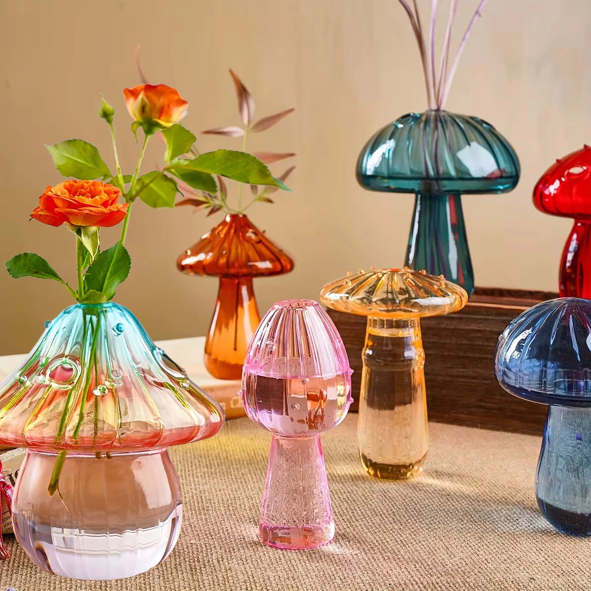 Colorful Glass Mushroom Vase for Hydroponic Plants