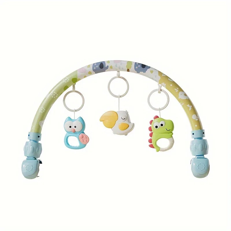 A colorful baby crib mobile featuring animal shapes hanging from a curved wooden arch.