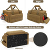 A heavy-duty tool bag in tan fabric shown from the left and right, highlighting its waterproof PU coated anti-slip fabric.