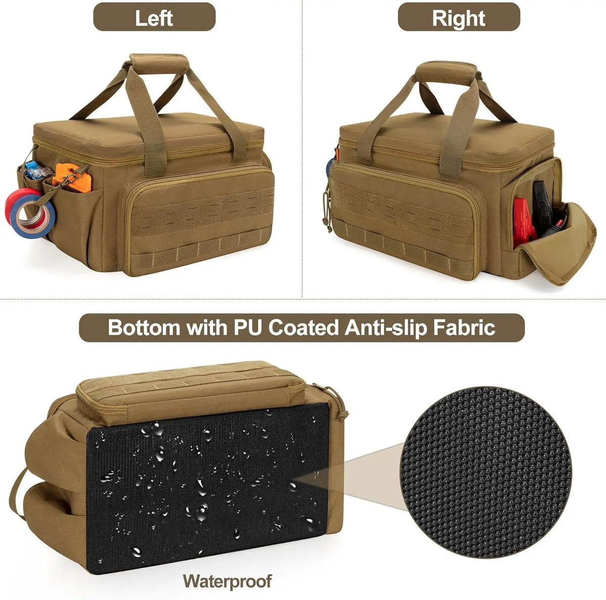 A heavy-duty tool bag in tan fabric shown from the left and right, highlighting its waterproof PU coated anti-slip fabric.