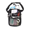 Black multi-pocket crossbody fanny pack for nurses containing various medical tools and supplies