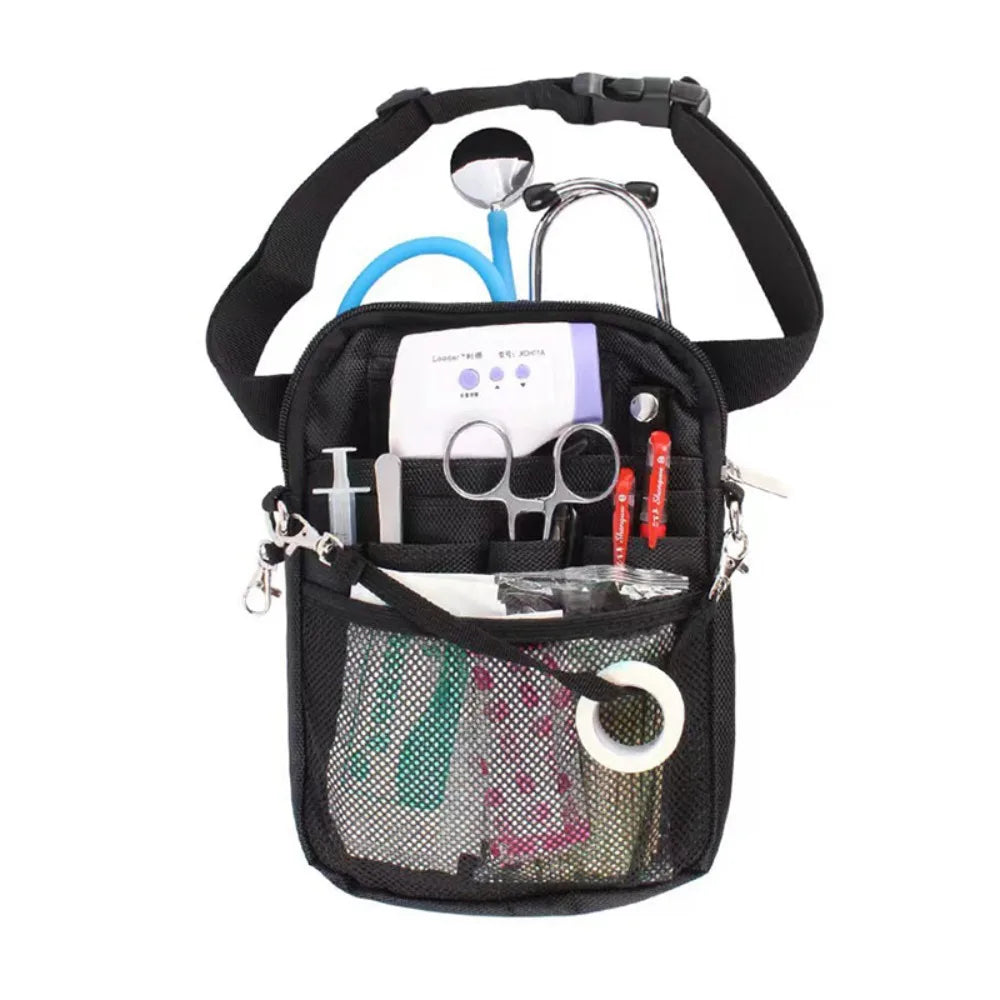Black multi-pocket crossbody fanny pack for nurses containing various medical tools and supplies