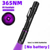 A black UV flashlight with a purple beam and an inset showing the 365nm ultraviolet light.