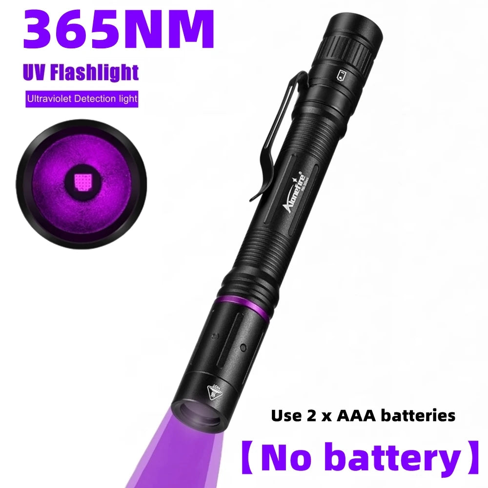 A black UV flashlight with a purple beam and an inset showing the 365nm ultraviolet light.