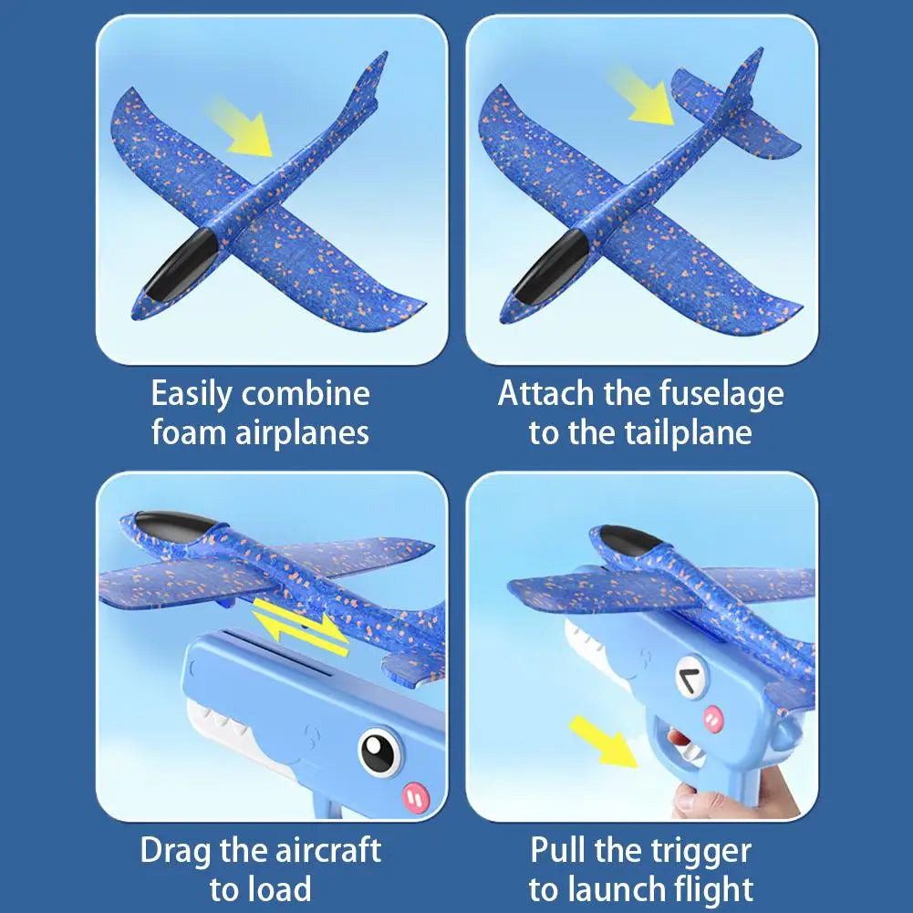 Diagrams showing how to combine foam airplanes, attach the fuselage to the tailplane, drag the aircraft to load, and pull the