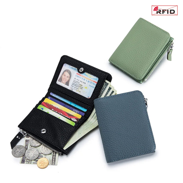 A black slim bifold wallet is shown open, containing cash and cards, next to a green leather card case.