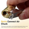 A hand holds a brass air chuck adapter designed for connecting to standard Schrader valves.