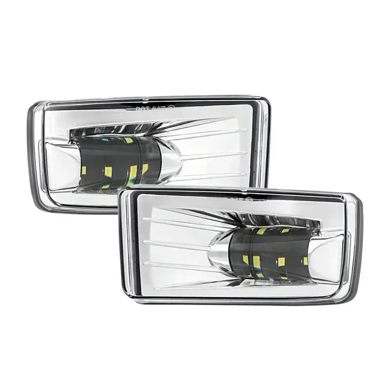 Clear LED fog light assembly for Chevy Silverado, Tahoe, Suburban, and GMC Yukon.