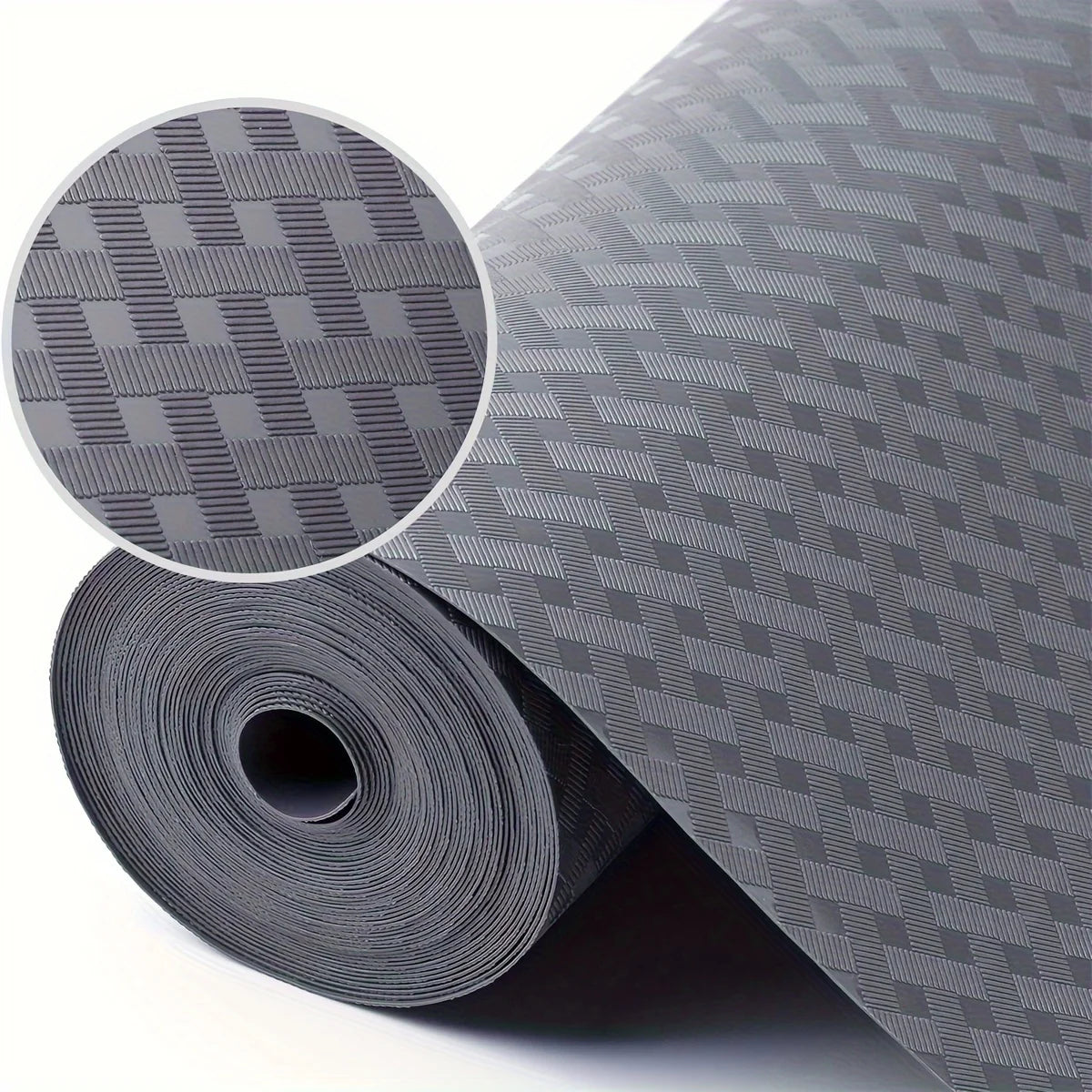 Roll of gray waterproof oil-proof shelf liner material with a magnified view of the woven texture
