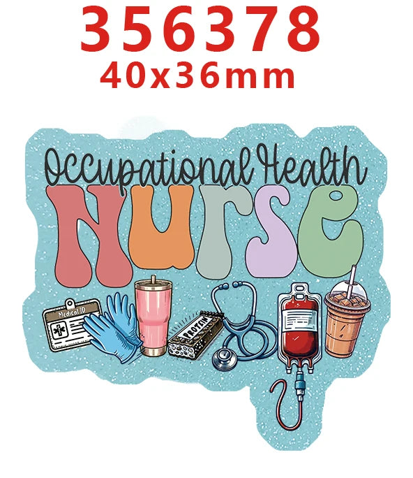 A set of glitter acrylic nurse badge charms featuring medical tools like a stethoscope and syringe.