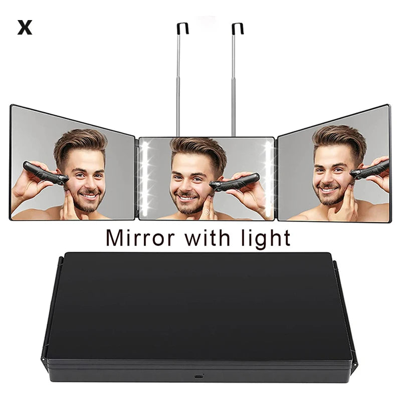 A black trifold LED mirror with light, showing a man's reflection.