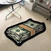 A black rug featuring a graphic design of stacked US dollar bills.