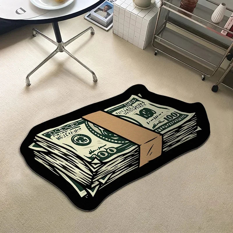 A black rug featuring a graphic design of stacked US dollar bills.