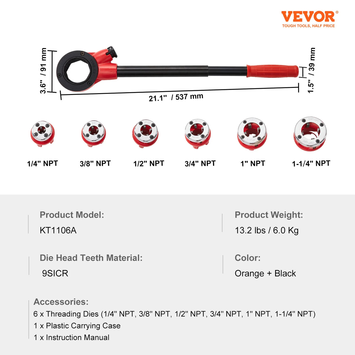 A black and orange professional ratchet pipe threader kit with various interchangeable dies for threading pipes.