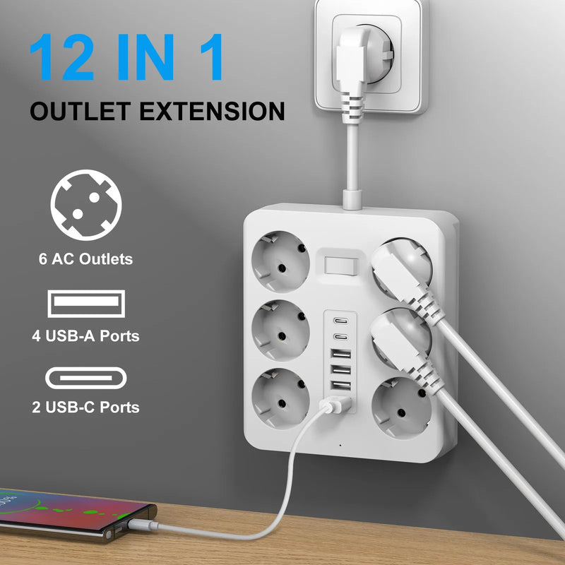 6-Outlet Wall Socket Extender with 4 USB & 2 Type-C Ports