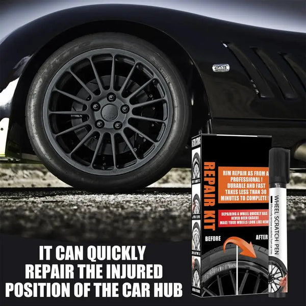 A black alloy wheel scratch repair kit shown next to a car wheel.
