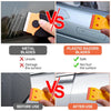 Comparison showing metal blades versus plastic razor blades for removing stickers and labels from surfaces.
