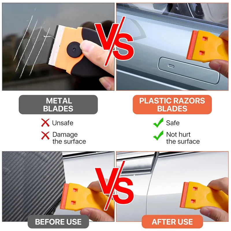 Comparison showing metal blades versus plastic razor blades for removing stickers and labels from surfaces.