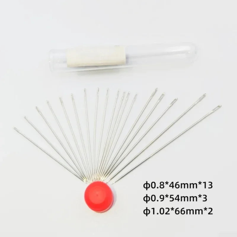 A hand sewing kit with various needles and a storage box is shown on a white background.