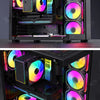 Schwarzes PC-Gehäuse mit Hochleistungscomputer, mehreren RGB-Lüftern und Beleuchtungseffekten.