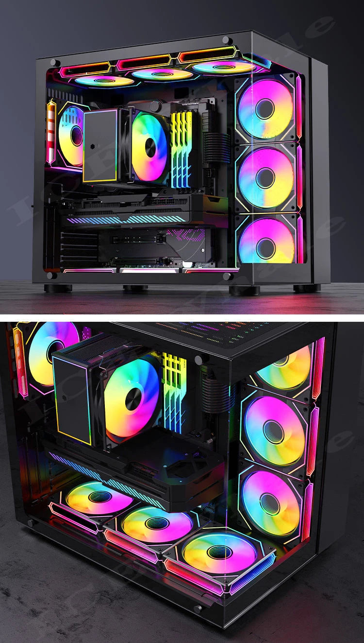 Schwarzes PC-Gehäuse mit Hochleistungscomputer, mehreren RGB-Lüftern und Beleuchtungseffekten.