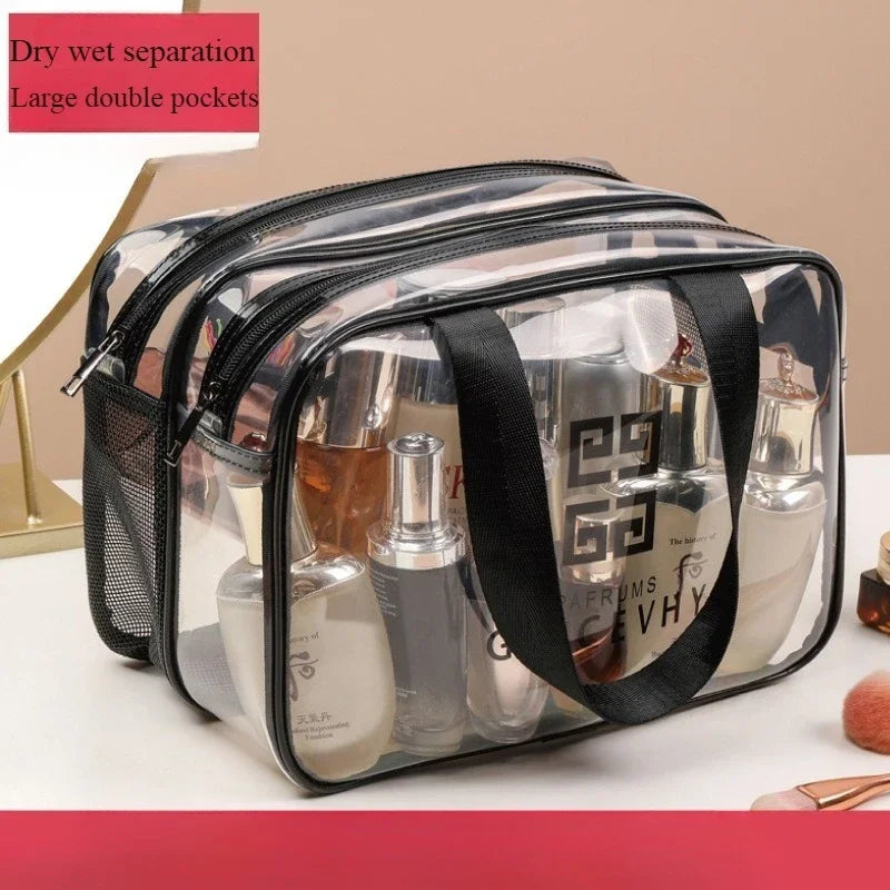 A clear plastic travel toiletry bag with a mesh pocket and double pockets for separating wet and dry items.