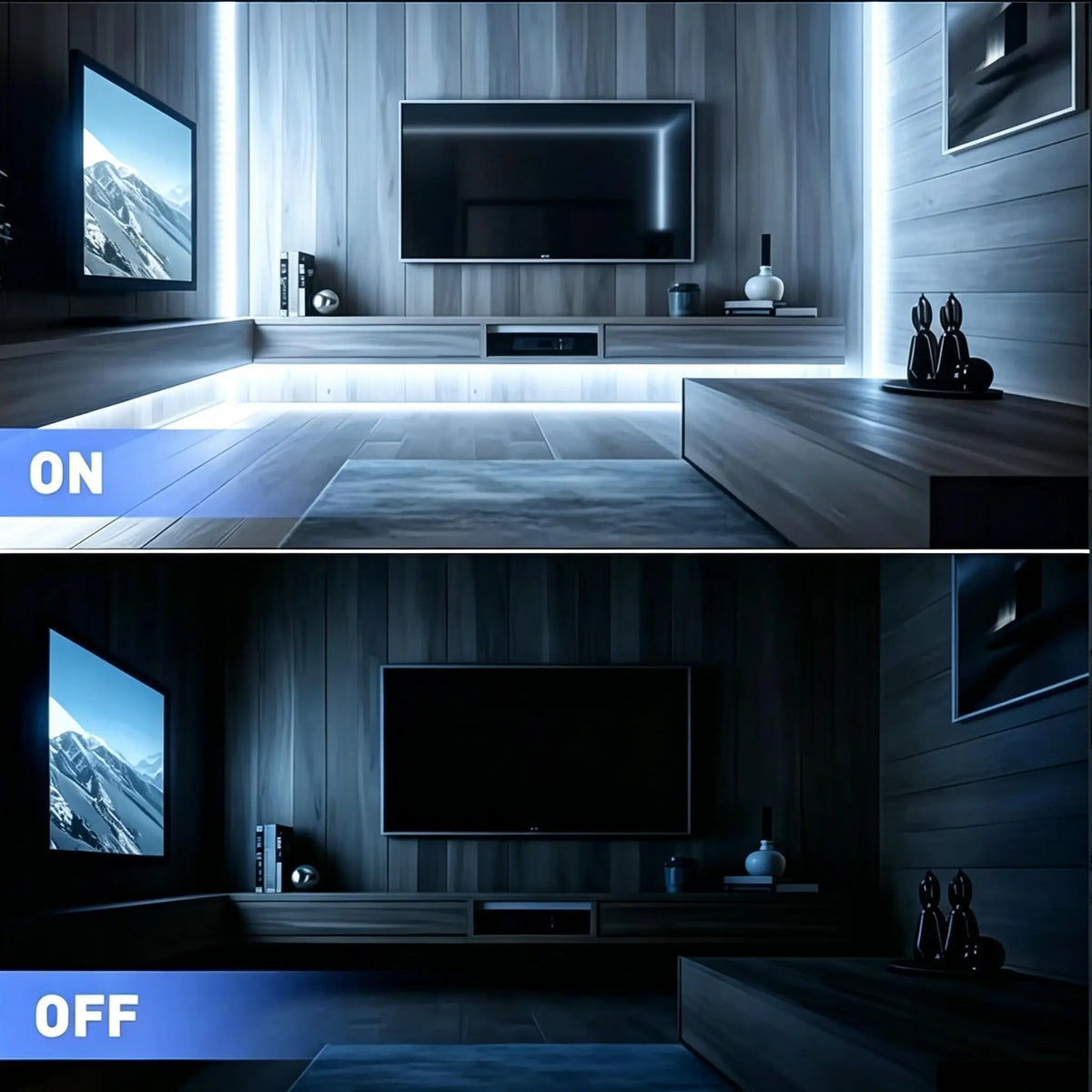 A modern living room interior featuring a television and wooden cabinetry with integrated LED strip lighting, shown in both O