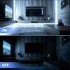A modern living room interior featuring a television and wooden cabinetry with integrated LED strip lighting, shown in both O