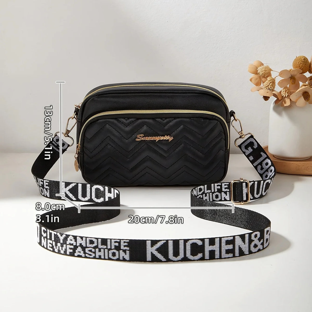 Quilted Crossbody Camera Bag with Wide Letter Strap