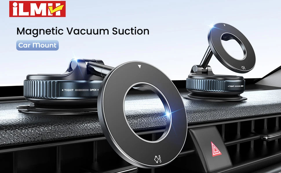 A black magnetic vacuum suction car mount phone holder with a foldable adjustable arm resting on a dark surface.