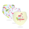 A set of three soft cotton baby bibs featuring pink flamingos and green leaves on a white background.