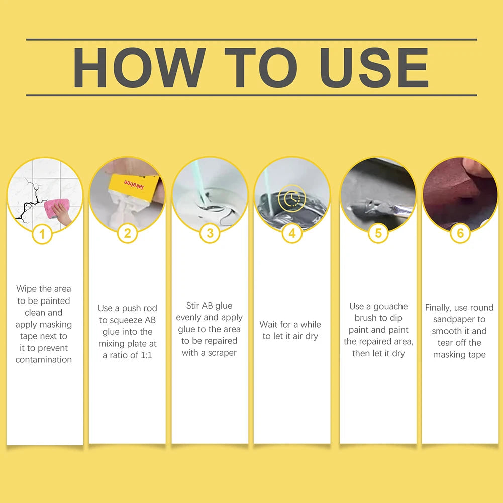 A six-step guide showing how to use a tile and stone crack repair kit with color-matching pigments.