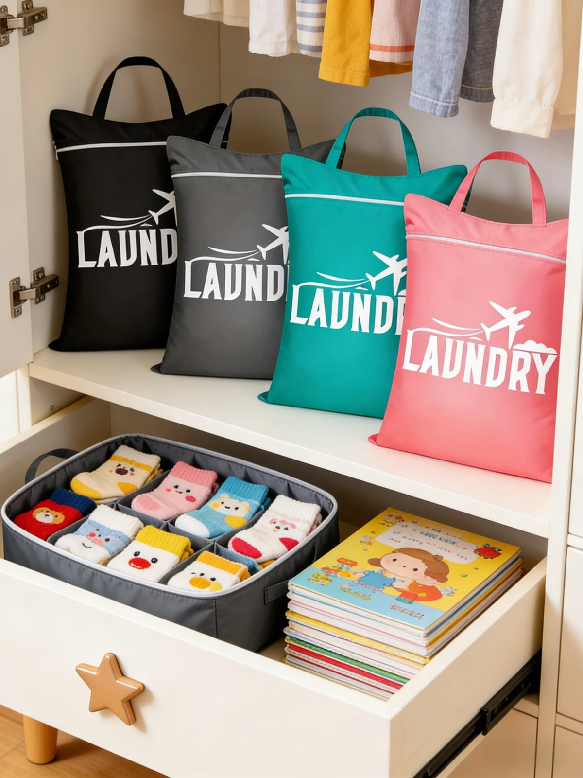 A set of black, gray, and teal fabric laundry bags hanging in a closet, with a storage box full of folded laundry nearby.